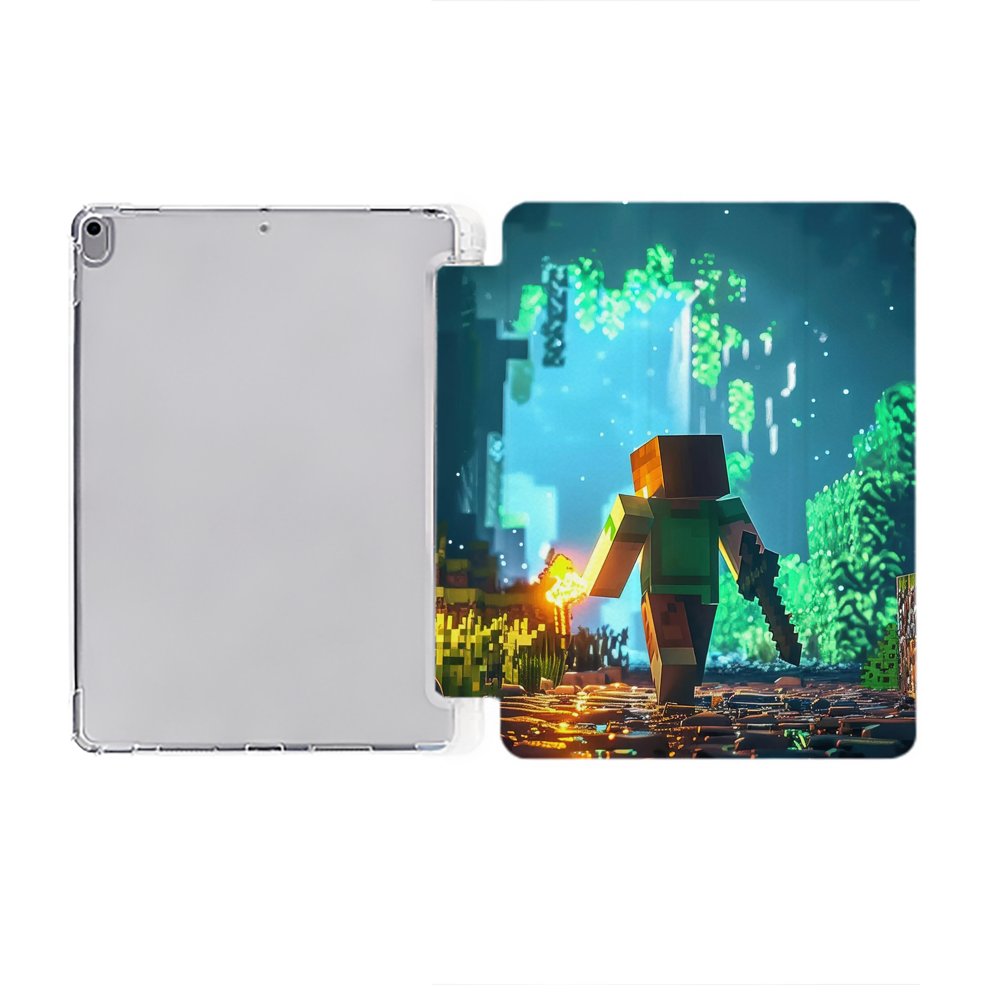 （画像用） マインクラフト ブロックの世界 Minecraft MC Block world IPad ケース ペン収納付き 三つ折りスタンド PUレザー×シリコン 対応機種9.5/10.5/10.9インチ